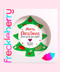Premium Belgian milk chocolate tree topped with colourful lollies and vibrant green sprinkles, customised with Merry Christmas text and your logo for a festive gift.