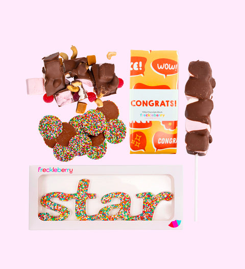 Congratulations Gift Box, filled with a selection of premium Belgian chocolate treats – the perfect way to say well done. Inclusions:

Milk Chocolate Message Block
Milk Rocky Road
150g Milk Chocolate Freckle Grab Bag
Marshmallow Pop
Freckle Word “Star”