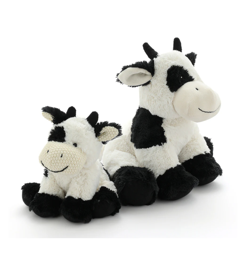 Two black and white cow plush toys on a white background - Nanna Hutchy plush toys