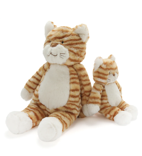 Two plush cat toys with tabby pattern on a white background