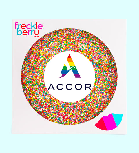 Creamy giant Belgian chocolate (available in 3 variants - dark, milk or white) topped with colourful sprinkles, customised with your logo or graphic upload for impressive corporate gifting.