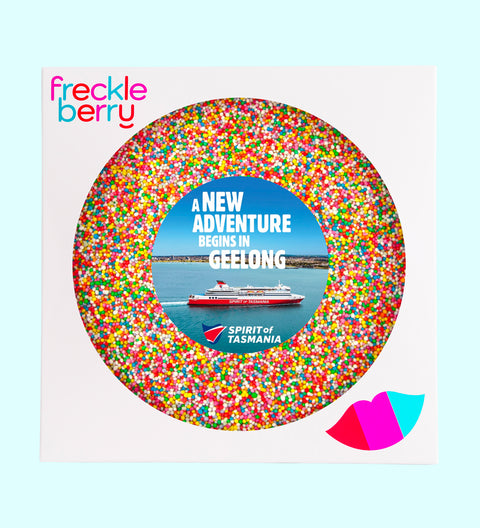 Creamy giant Belgian chocolate (available in 3 variants - dark, milk or white) topped with colourful sprinkles, customised with your logo or graphic upload for impressive corporate gifting.