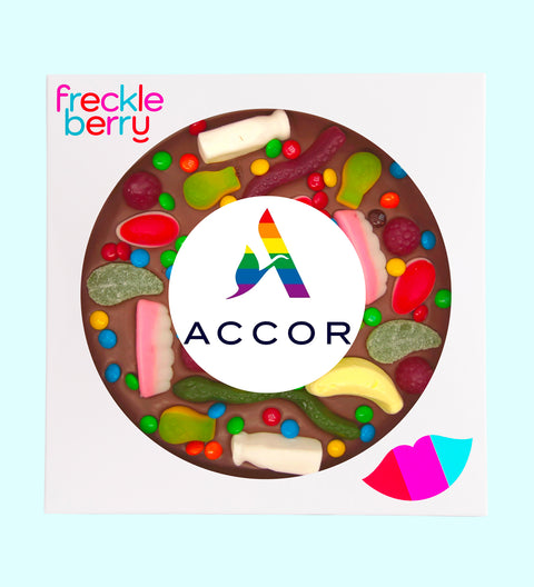 Premium Belgian chocolate pizza (available in 3 variants - dark, milk or white) loaded with lollies, customised with your logo or graphic upload for impactful corporate gifting.