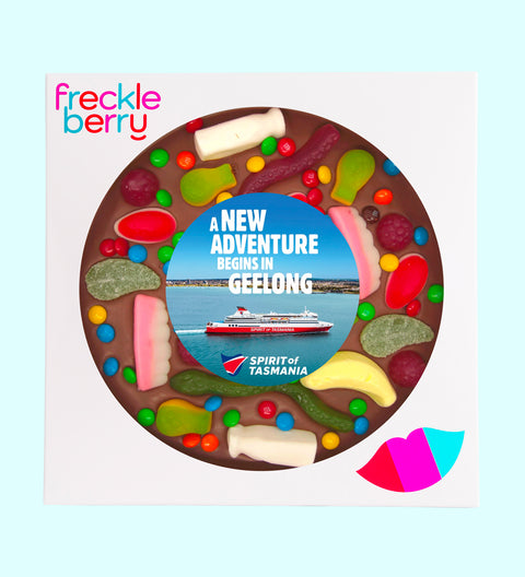 Premium Belgian chocolate pizza (available in 3 variants - dark, milk or white) loaded with lollies, customised with your logo or graphic upload for impactful corporate gifting.