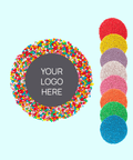 Creamy Belgian milk chocolate with colourful multi sprinkles, customised with your logo or graphic upload for perfect corporate gifts.