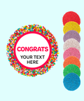 Handmade premium Belgian chocolate (available in 3 variants - dark, milk or white) topped with colourful sprinkles or sprinkle of choice (red, yellow, purple, white, pink, orange, green, blue) with "Congrats" design/label and can be personalised by uploading your own custom text. Perfect client & staff gifts, delivered Australia-wide.