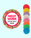 Handmade premium Belgian chocolate (available in 3 variants - dark, milk or white) topped with colourful sprinkles or sprinkle of choice (red, yellow, purple, white, pink, orange, green, blue) with "Great Work" design/label and can be personalised by uploading your own custom text. Perfect client & staff gifts, delivered Australia-wide.