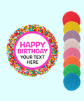 Handmade premium Belgian chocolate (available in 3 variants - dark, milk or white) topped with colourful sprinkles or sprinkle of choice (red, yellow, purple, white, pink, orange, green, blue) with "Happy Birthday" design/label and can be personalised by uploading your own custom text. Perfect client & staff gifts, delivered Australia-wide.