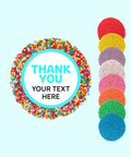 Handmade premium Belgian chocolate (available in 3 variants - dark, milk or white) topped with colourful sprinkles or sprinkle of choice (red, yellow, purple, white, pink, orange, green, blue) with "Thank You" design/label and can be personalised by uploading your own custom text. Perfect client & staff gifts, delivered Australia-wide.