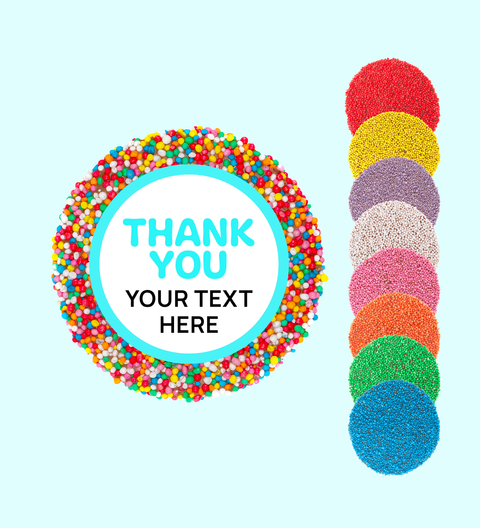 Handmade premium Belgian chocolate (available in 3 variants - dark, milk or white) topped with colourful sprinkles or sprinkle of choice (red, yellow, purple, white, pink, orange, green, blue) with "Thank You" design/label and can be personalised by uploading your own custom text. Perfect client & staff gifts, delivered Australia-wide.