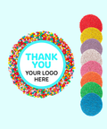 Handmade premium Belgian chocolate (available in 3 variants - dark, milk or white) topped with colourful sprinkles or sprinkle of choice (red, yellow, purple, white, pink, orange, green, blue) with "Thank You" design/label and can be personalised by uploading your own logo. Perfect client & staff gifts, delivered Australia-wide.