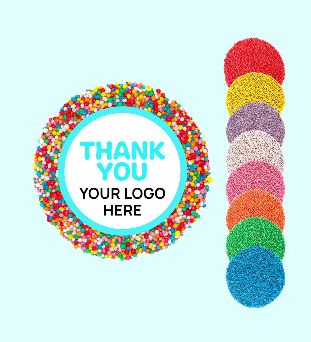 Handmade premium Belgian chocolate (available in 3 variants - dark, milk or white) topped with colourful sprinkles or sprinkle of choice (red, yellow, purple, white, pink, orange, green, blue) with "Thank You" design/label and can be personalised by uploading your own logo. Perfect client & staff gifts, delivered Australia-wide.