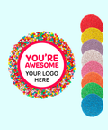 Handmade premium Belgian chocolate (available in 3 variants - dark, milk or white) topped with colourful sprinkles or sprinkle of choice (red, yellow, purple, white, pink, orange, green, blue) with "You're Awesome" design/label and can be personalised by uploading your own logo. Perfect client & staff gifts, delivered Australia-wide.