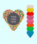 Creamy Belgian chocolate heart (available in 3 variants - dark, milk or white) topped with colourful sprinkles, customised with your logo or graphic upload for standout corporate gifting.