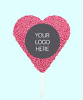 Creamy Belgian milk chocolate heart with colourful pink sprinkles, customised with your logo or graphic upload for standout corporate gifting.