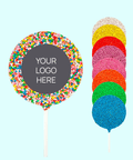 Creamy Belgian milk chocolate pop covered in colourful sprinkles, customised with your logo or graphic upload for memorable corporate gifting.