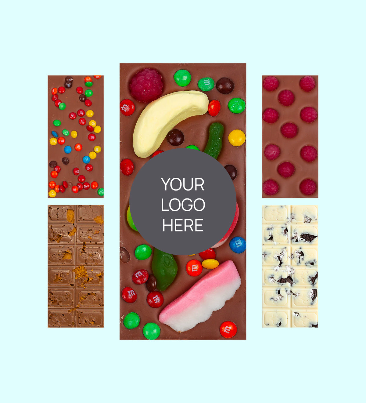 Assorted premium Belgian chocolate customised with your logo or graphic label for elegant and memorable corporate gifts.