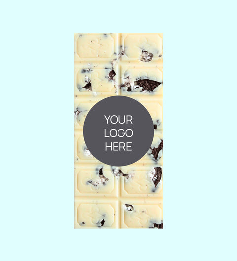 Corporate Personalised Gourmet Chocolate Block - Logo/Graphic Label - Cookies and Cream White Chocolate Block