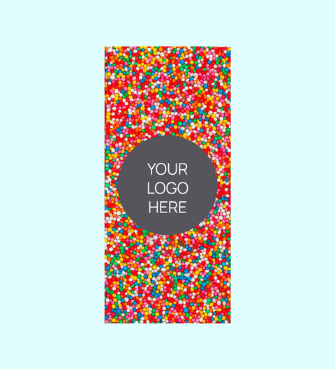 Rich Belgian chocolate (available in 3 variants - dark, milk or white) topped with colourful multi sprinkles and can be customised with your logo or graphic label, perfect for standout corporate gifting.