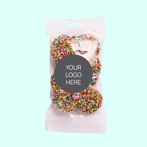 Sweet treat bags filled with delicious chocolate freckles (available in 3 variants - dark, milk or white) and customised with your logo or graphic upload for memorable corporate gifting.