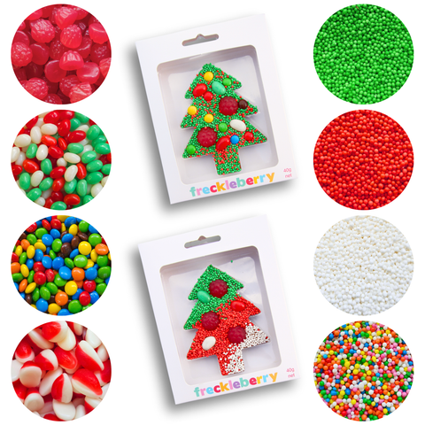 DIY Chocolate Christmas Tree Decorating Kit - 5 x Christmas Tree Moulds, 5 x Freckleberry Display Boxes, 1 Set of Easy-to-Follow Instructions, 8 x Edible Decorations, 1 x 200g Bag of Premium Belgian Chocolate