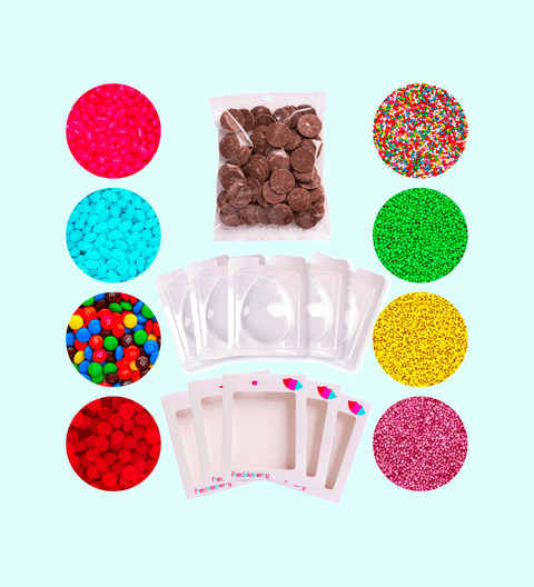 DIY Easter Egg Decorating Kit - 5 flat easter moulds, 5 display boxes, 1 set instructions, 8 edible decorations, 200g Premium Belgian chocolate for melting