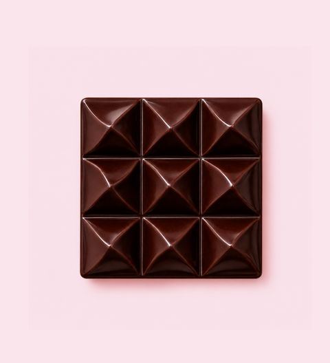Square block of dark chocolate with a geometric pattern premium belgian chocolate