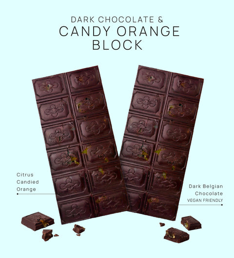 Premium Belgian dark chocolate block with candied orange pieces. A rich, zesty and indulgent chocolate, perfect for gifting or treating yourself.