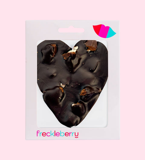 Rich Belgian dark chocolate heart topped with refreshing mint slice pieces for the perfect indulgence.