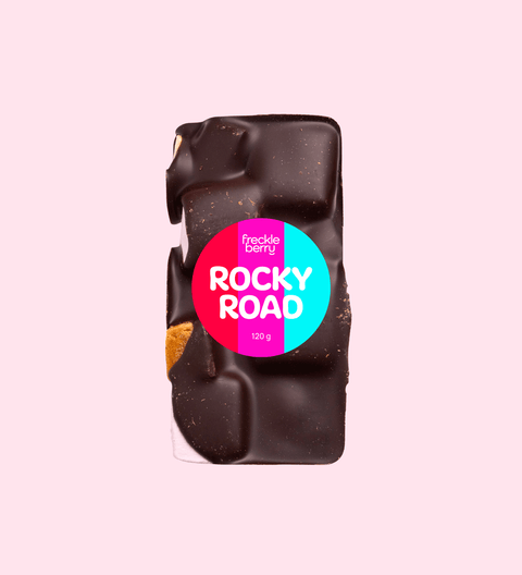 Dark Rocky Road loaded with marshmallows, nuts, and dried fruit, all coated in rich premium Belgian dark chocolate – a decadent and chewy treat.