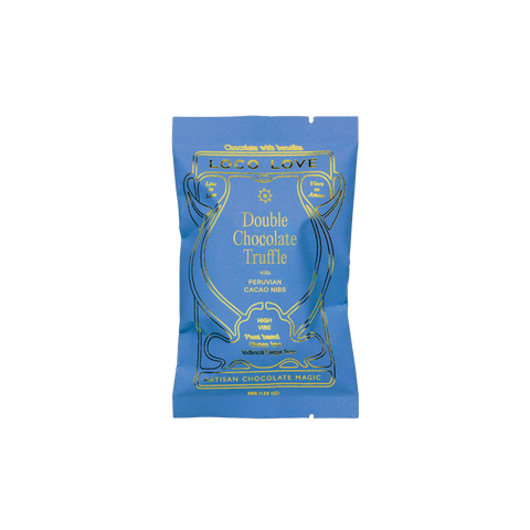 Blue packaging of Loco Love Double Chocolate Truffle on a white background