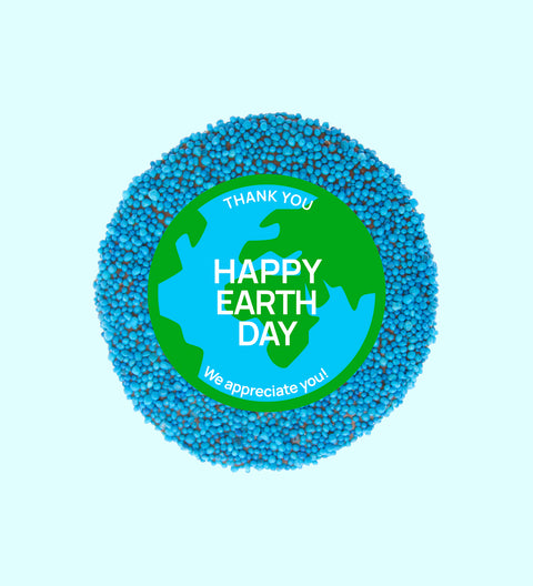 Creamy Belgian chocolate (available in 3 variants - dark, milk or white) topped with vibrant blue sprinkles and a "Happy Earth Day" design/label - a sweet way to celebrate and raise awareness for Earth Day.