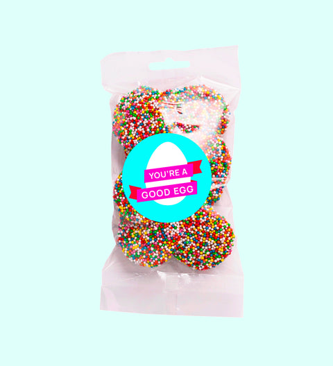 Premium Belgian milk chocolate topped with colourful sprinkles with You're a Good Egg sticker. A delicious treat perfect for gifting or sharing this Easter.