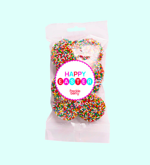 Creamy premium Belgian white chocolate topped with colourful sprinkles with Happy Easter - Circles sticker. A sweet festive treat for gifting or sharing.