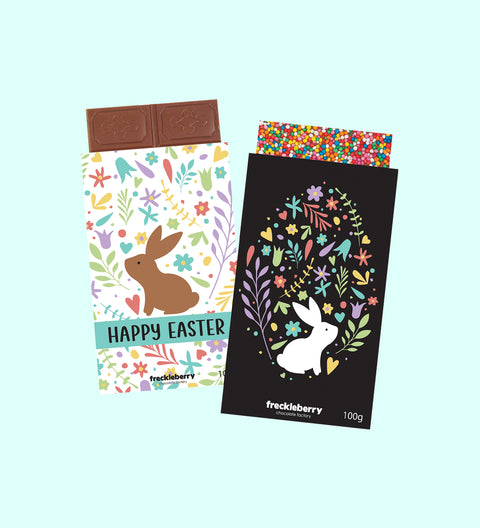 Premium Belgian chocolate blocks wrapped in charming Floral Bunny sleeves – the perfect Easter gift.