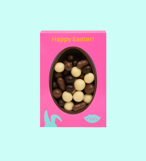 Premium half Easter egg filled with white, milk and dark chocolate-coated lollies. A rich, fruity and elegant Easter treat made for gifting and sharing.