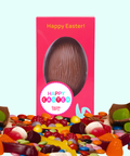 Delectable smash Egg filled with colourful mix of lollies with Happy Easter - Circles design - a playful, delicious treat made from premium Belgian chocolate, perfect for gifting.