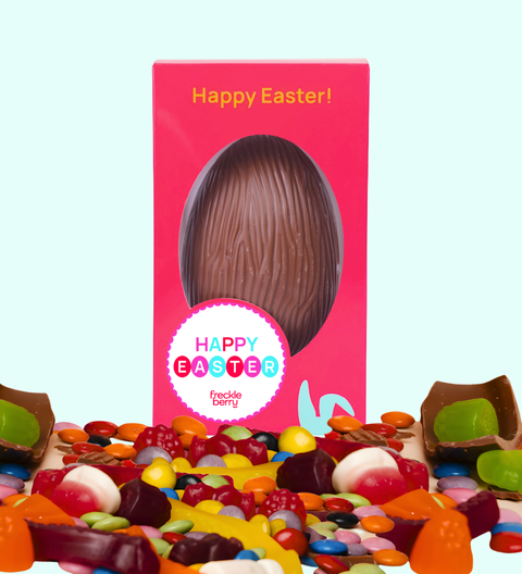 Delectable smash Egg filled with colourful mix of lollies with Happy Easter - Circles design - a playful, delicious treat made from premium Belgian chocolate, perfect for gifting.