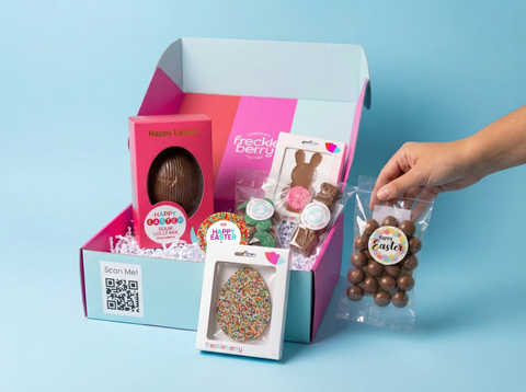 1 × Hamper box with “Happy Easter” sticker (on outer packaging)
1 × Milk, Dark or White Easter Egg
1 × Milk freckle half eggs sweet treat bag with Easter sticker
1 × Milk raspberries with Easter sticker
1 × Bunny shape of your choice
1 × Egg shape Milk Chocolate Shape
1 x 40g Easter Milk Chocolate Freckle
1 × Mallow pop with Easter sticker
1 × Premium Belgian milk block with Easter sleeve