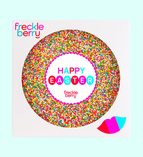 Premium giant Belgian chocolate freckle topped with colourful sprinkles, wrapped in a cheerful Happy Easter - Circles design – a perfect festive gift.