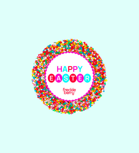 Premium Belgian chocolate topped with colourful multi sprinkles, wrapped in a festive Happy Easter design – a sweet treat for gifting or celebrations.