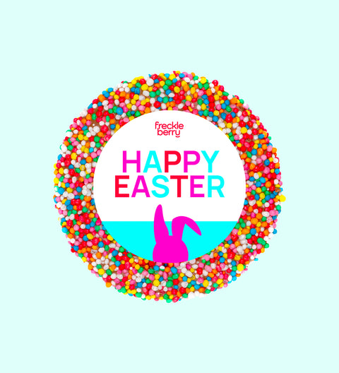 Individually wrapped Easter themed freckle candy with colorful sprinkles and a Happy Easter bunny design on the packaging.