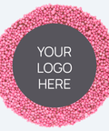 Creamy Belgian milk chocolate covered in colourful pink sprinkles, customised with your message on an eco-friendly front label.