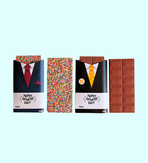 Premium Belgian chocolate block (freckle or plain) in a variety of flavours, wrapped in stylish suit sleeves – the perfect Father’s Day gift.