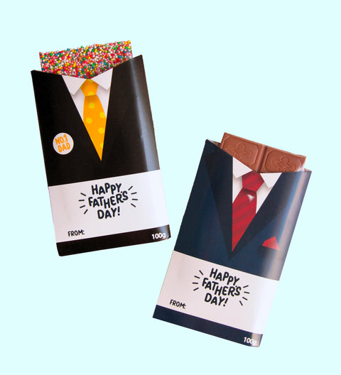 Premium Belgian chocolate block (freckle or plain) in a variety of flavours, wrapped in stylish suit sleeves – the perfect Father’s Day gift.