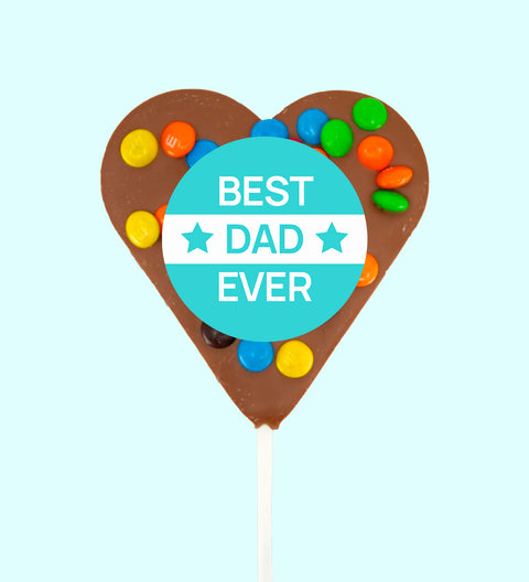 Creamy Belgian chocolate (available in 3 variants - dark, milk or white) heart pop topped with colourful M&M®s with a festive "Best Dad Ever" label/design - a fun and delicious way to treat Dad.