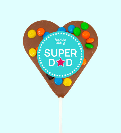 Creamy Belgian chocolate (available in 3 variants - dark, milk or white) heart pop topped with colourful M&M®s with a festive "Super Dad" label/design - a fun and delicious way to treat Dad.