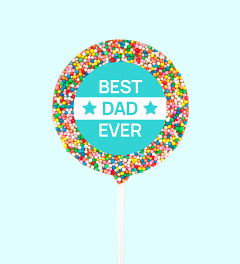 Creamy Belgian chocolate (available in 3 variants - dark, milk or white) pop covered in colourful sprinkles with a festive "Best Dad Ever" design/label -  a sweet way to celebrate Dad.