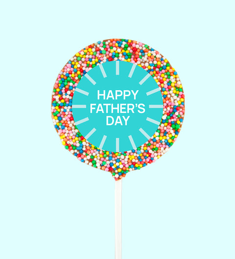 Creamy Belgian chocolate (available in 3 variants - dark, milk or white) pop covered in colourful sprinkles with a festive "Happy Father's Day" design/label -  a sweet way to celebrate Dad.