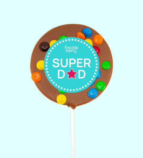Creamy Belgian chocolate pop (available in 3 variants - dark, milk or white) topped with colourful M&M®s with "Super Dad" design/label, a fun and tasty way to celebrate Dad.